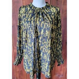 Maison d’Amelie Women L Black Chartreuse Chiffon Swiss Dot Ruffle Mock Neck Top